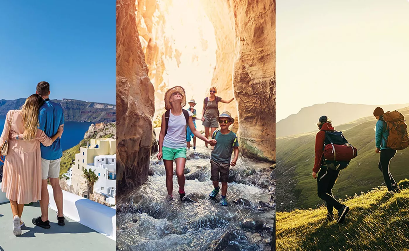  Three images side-by-side: a couple in a Mediterranean city, a family walking through a rocky canyon and a couple hiking in grassy hllls.
