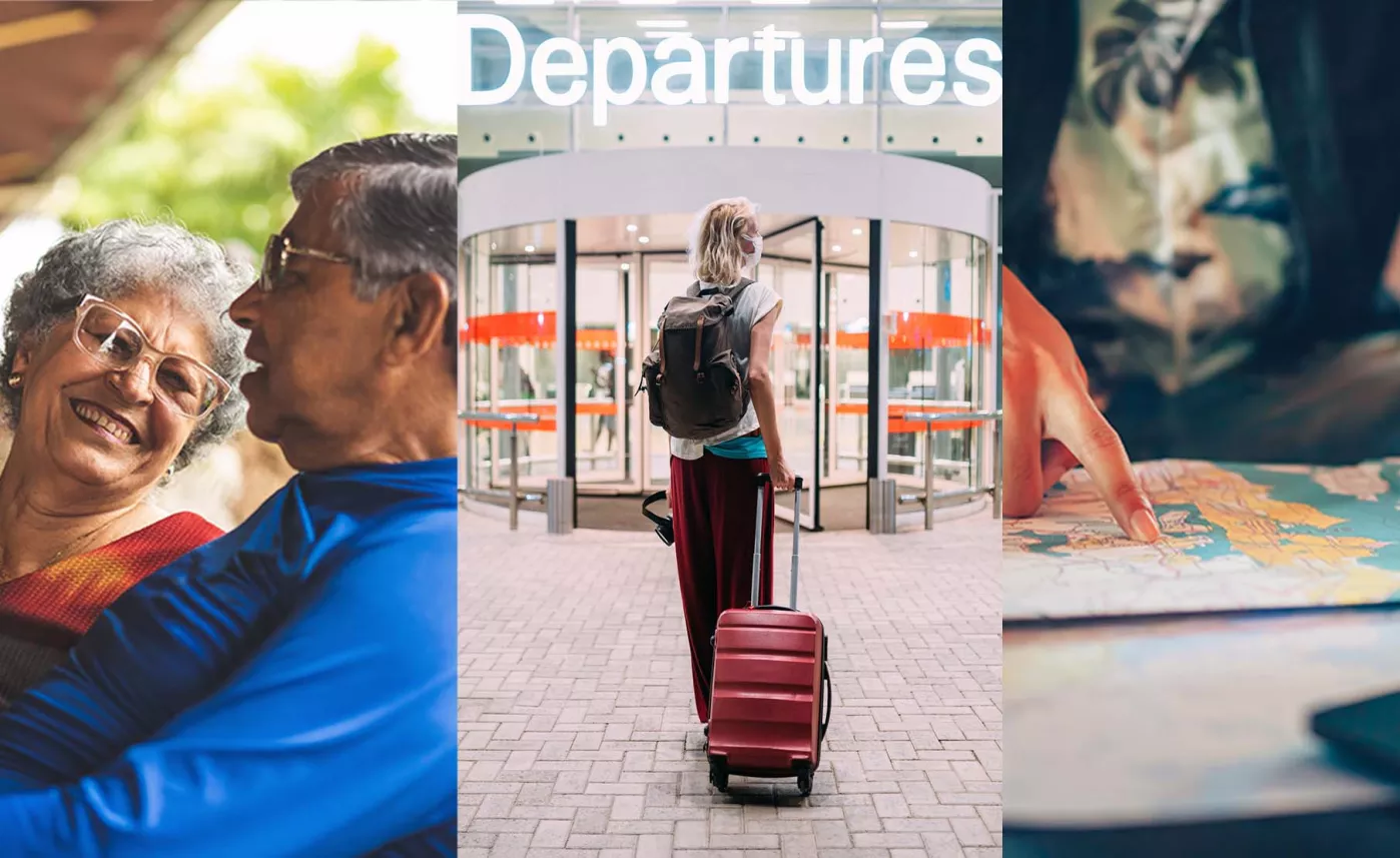 Trois photos : mari et femme, une personne avec une valise devant un panneau de départ et une main sur une carte
