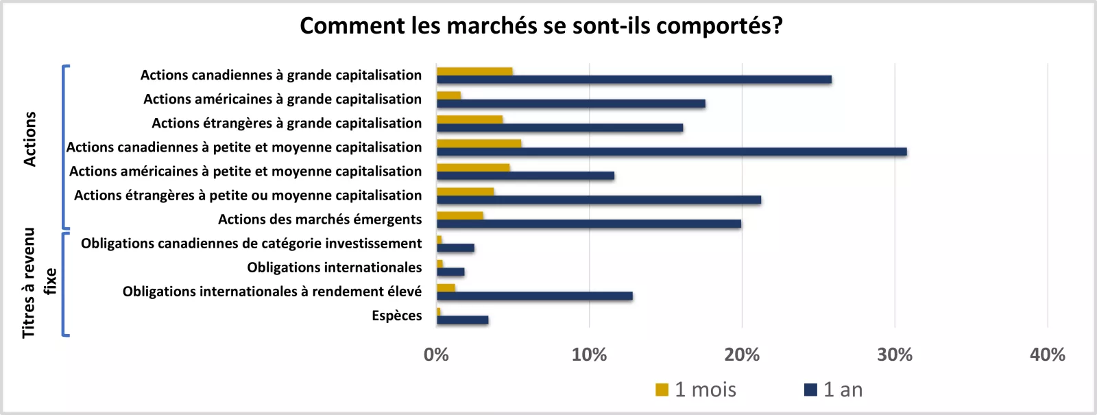 Ce graphique montre le rendement des marchés boursiers et des titres à revenu fixe au cours du mois et de l’année précédents.