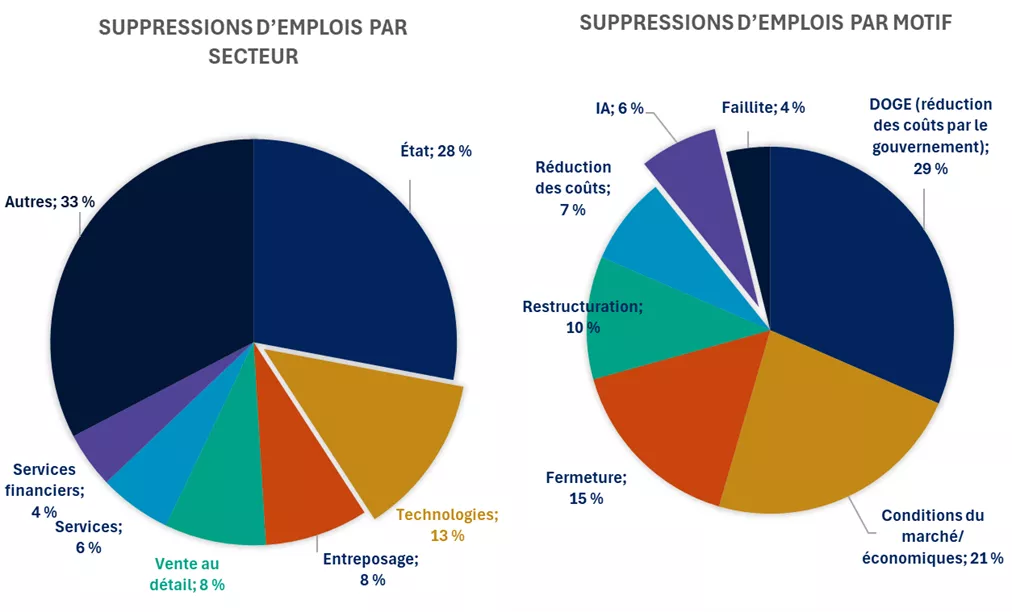 Ces graphiques illustrent la distribution des annonces de suppressions d’emplois depuis le début de l’année par secteur et par motif.