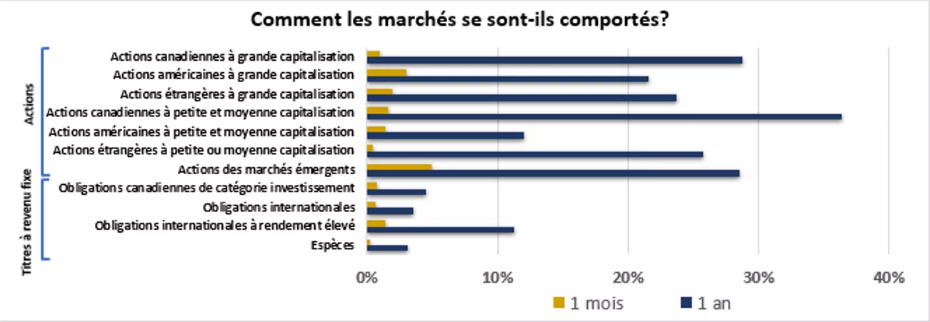  Ce graphique montre le rendement des marchés boursiers et des titres à revenu fixe au cours du mois et de l’année précédents.
