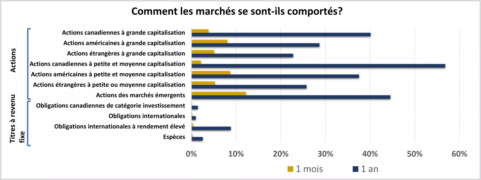 Ce graphique montre le rendement des marchés boursiers et des titres à revenu fixe au cours du mois et de l’année précédents.