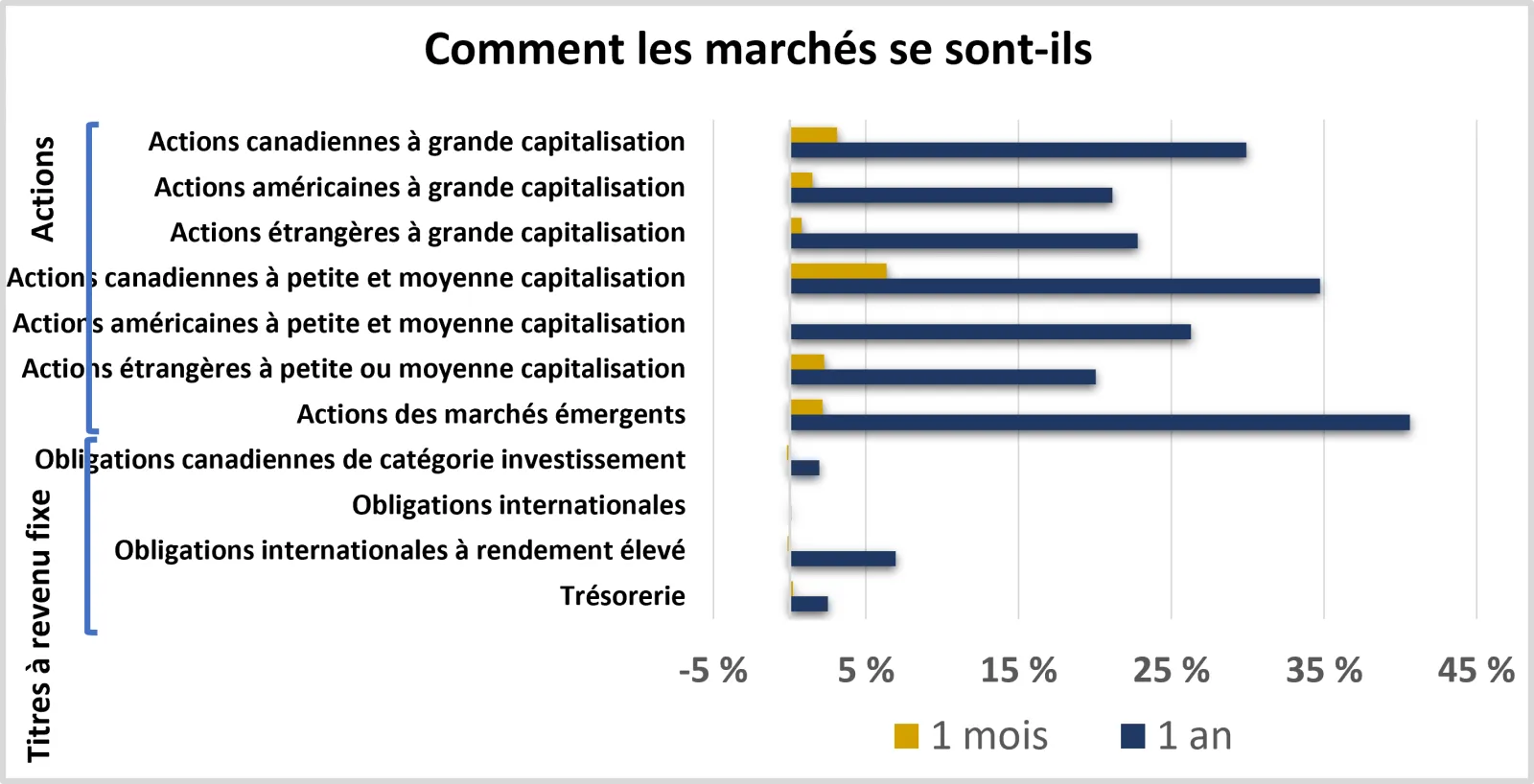  Ce graphique montre le rendement des marchés boursiers et des titres à revenu fixe au cours du mois et de l’année précédents.

