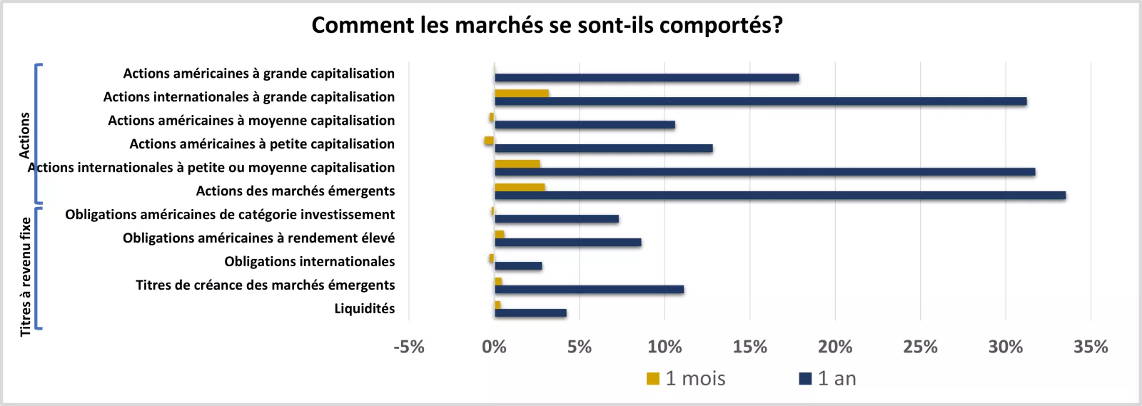  Ce graphique montre le rendement des marchés boursiers et des titres à revenu fixe au cours du mois et de l’année précédents.

