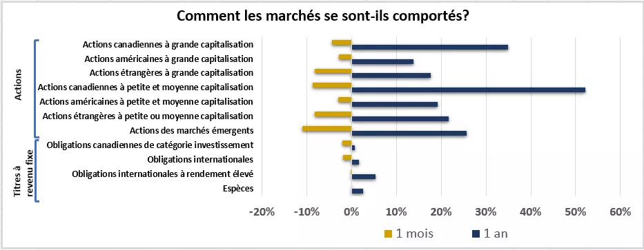  Ce graphique montre le rendement des marchés boursiers et des titres à revenu fixe au cours du mois et de l’année précédents.
