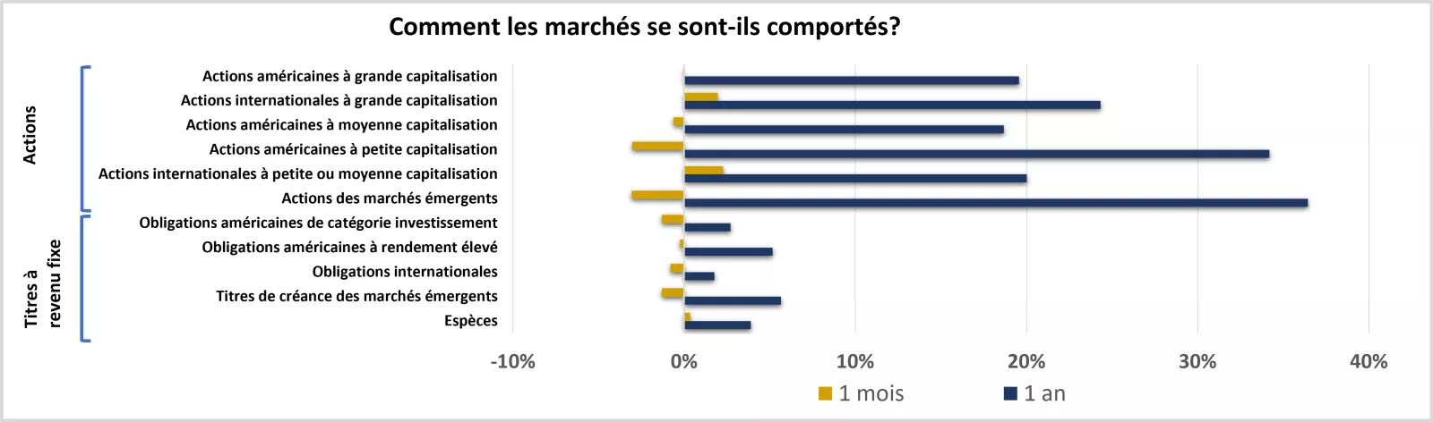  Ce graphique montre le rendement des marchés boursiers et des titres à revenu fixe au cours du mois et de l’année précédents.
