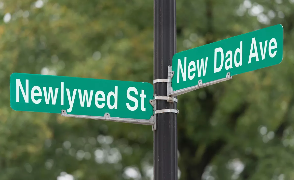  Street signs on a pole with life milestones: "Newlywed St" and New Dad Ave"
