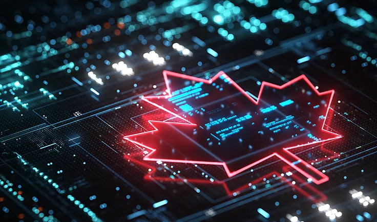 Graphique d’une feuille d’érable lumineuse sur un fond de circuit imprimé numérique.