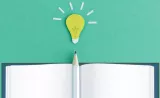 A graphic showing an open notebook, a pencil, and a lightbulb "idea".