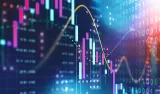 Colorful financial candlestick chart with trend lines and digital background.