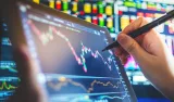 Colorful financial candlestick chart with trend lines and digital background.