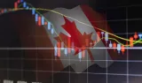 Canadian flag overlaid on a stock market candlestick chart.